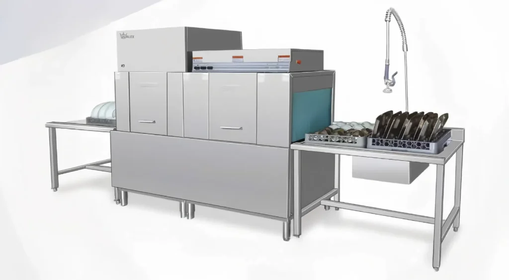 Basket Pass Channer conveyor dishwasher handling a high volume of dishes.