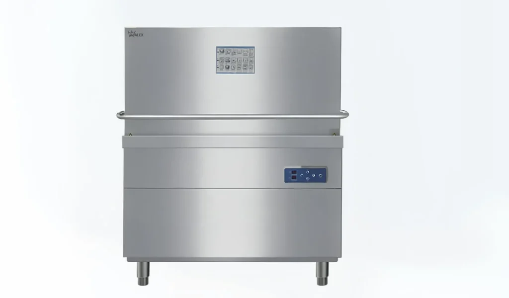 Double Basket uncover commercial dishwasher in a small restaurant kitchen.