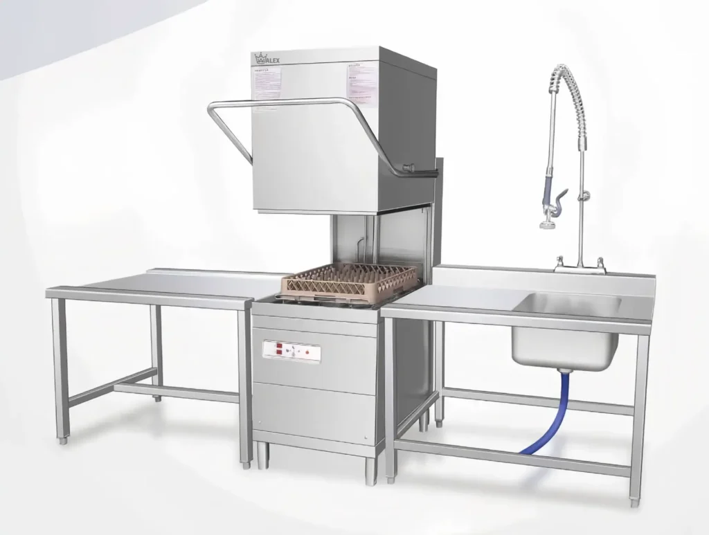 Single Uncover Dishwasher Single Uncover commercial dishwasher in a small restaurant kitchen.