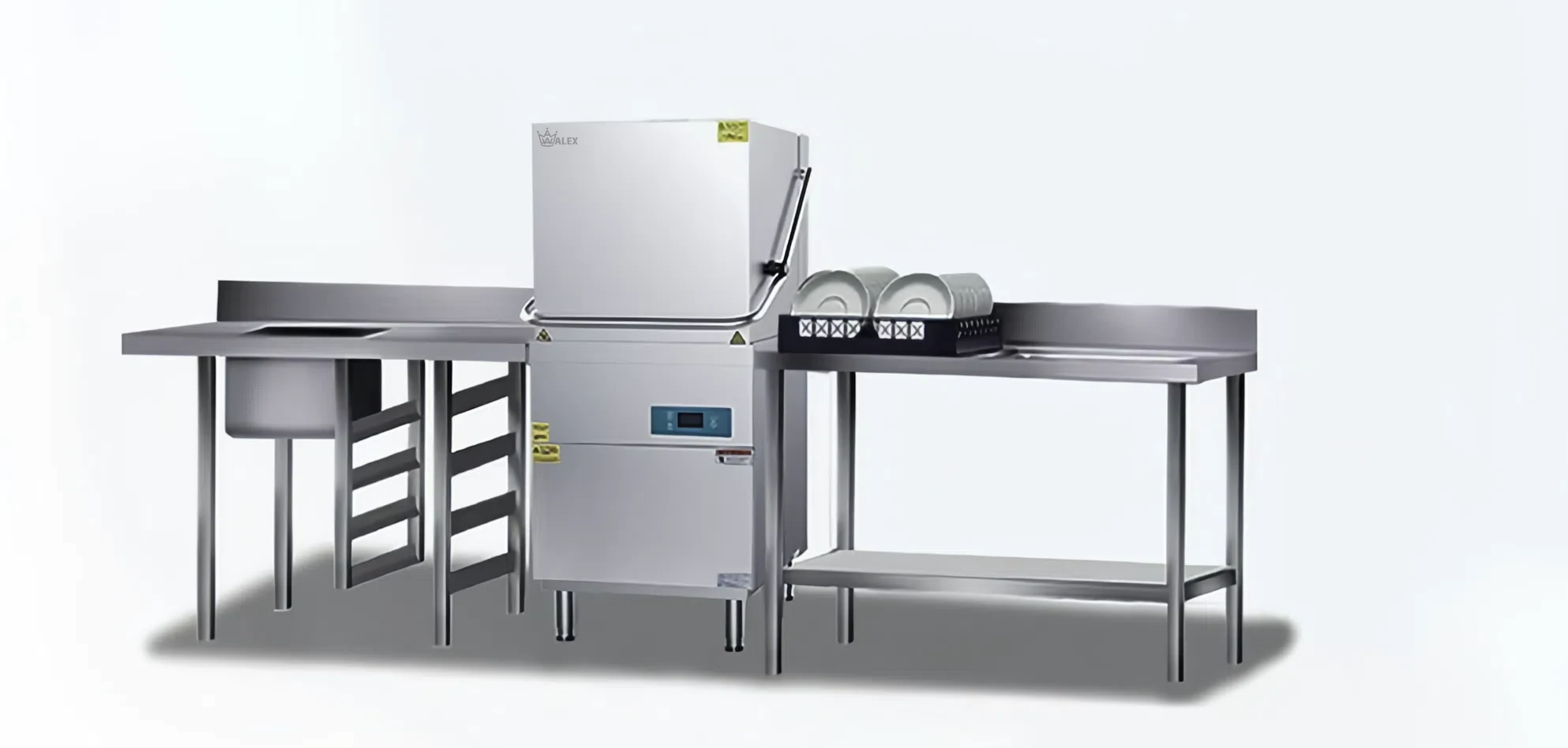 Single Uncover commercial dishwasher in a small restaurant kitchen.