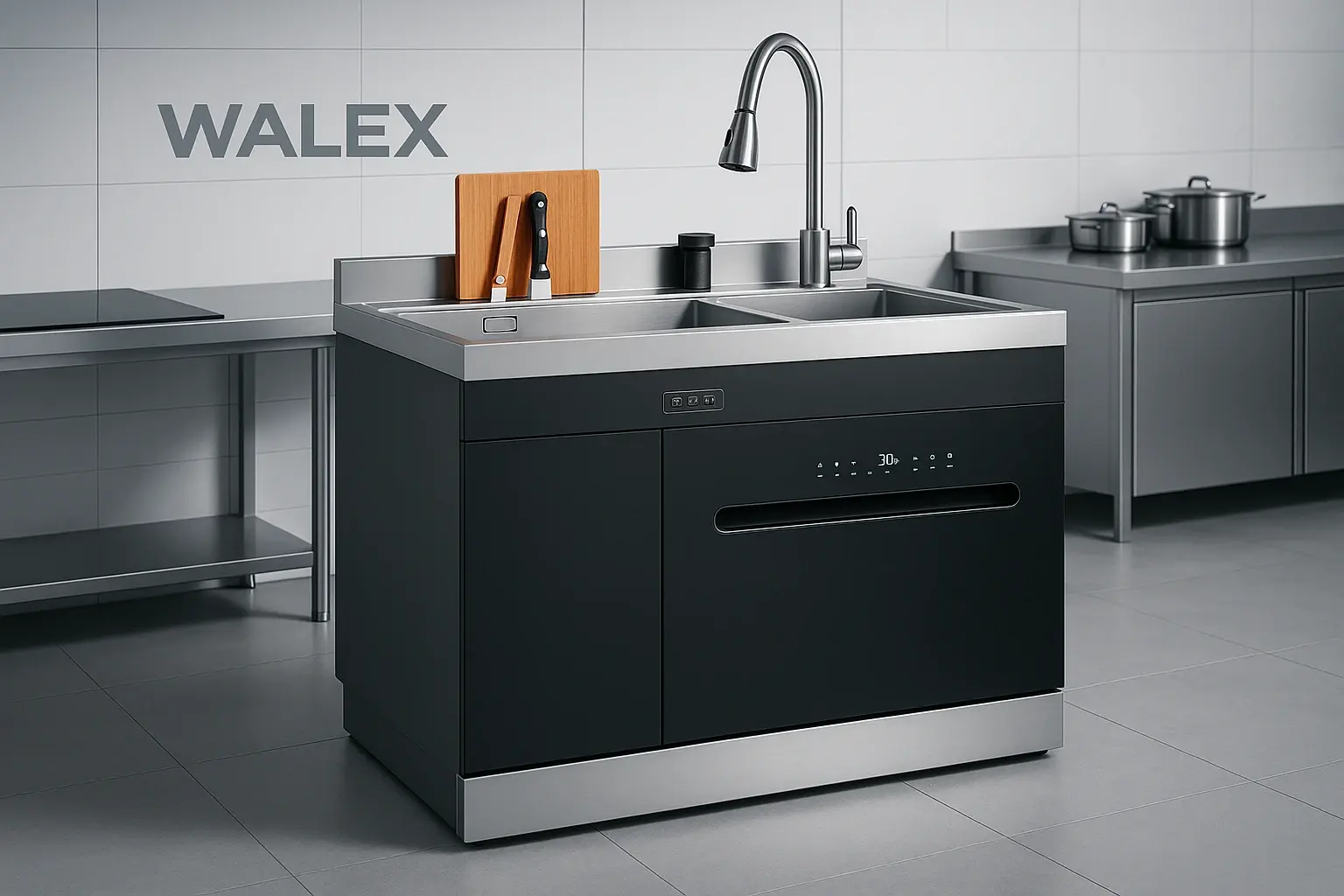 Sink-integrated residential dishwasher in a compact kitchen.