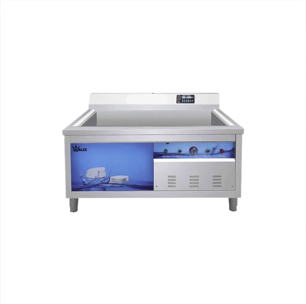 Ultrasonic-Dishwasher.webp Ultrasonic dishwasher cleaning delicate dishes in a fine dining restaurant.