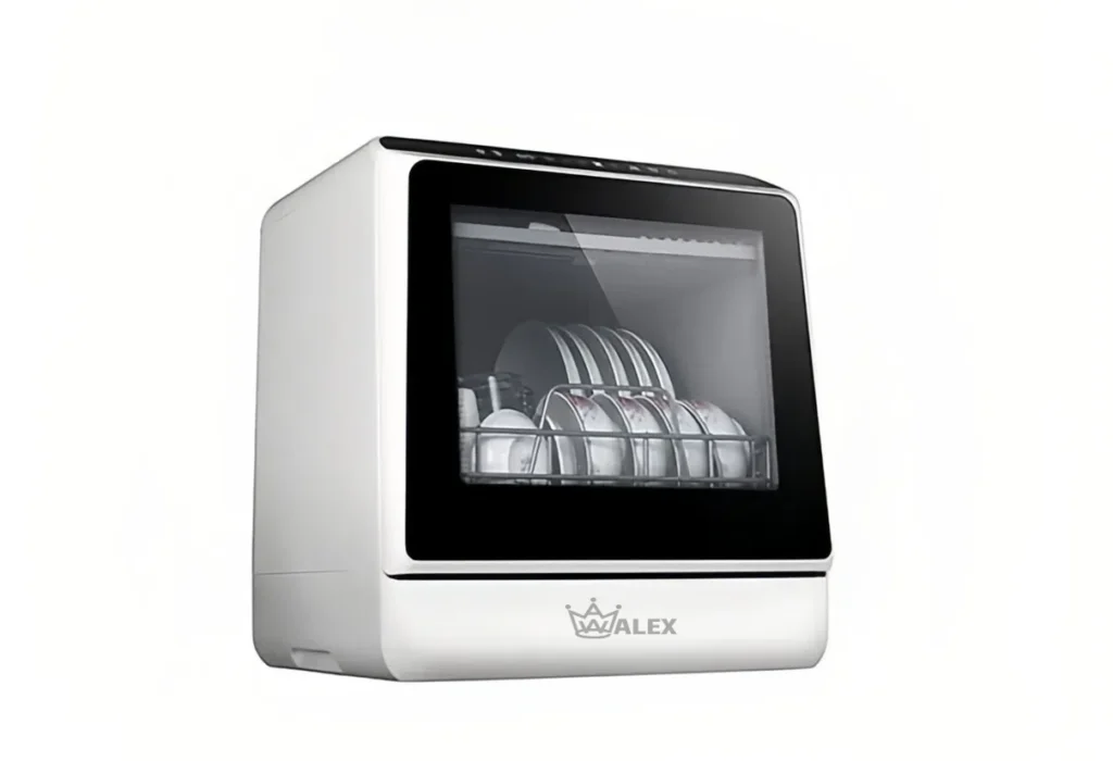 compact-countertop-dishwasher Compact countertop dishwasher with 4 place settings on a modern kitchen counter
