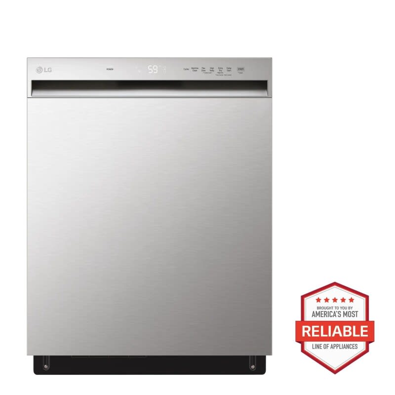A modern LG dishwasher featuring a brushed stainless steel finish and a discreet front control panel with various cycle options and a digital display