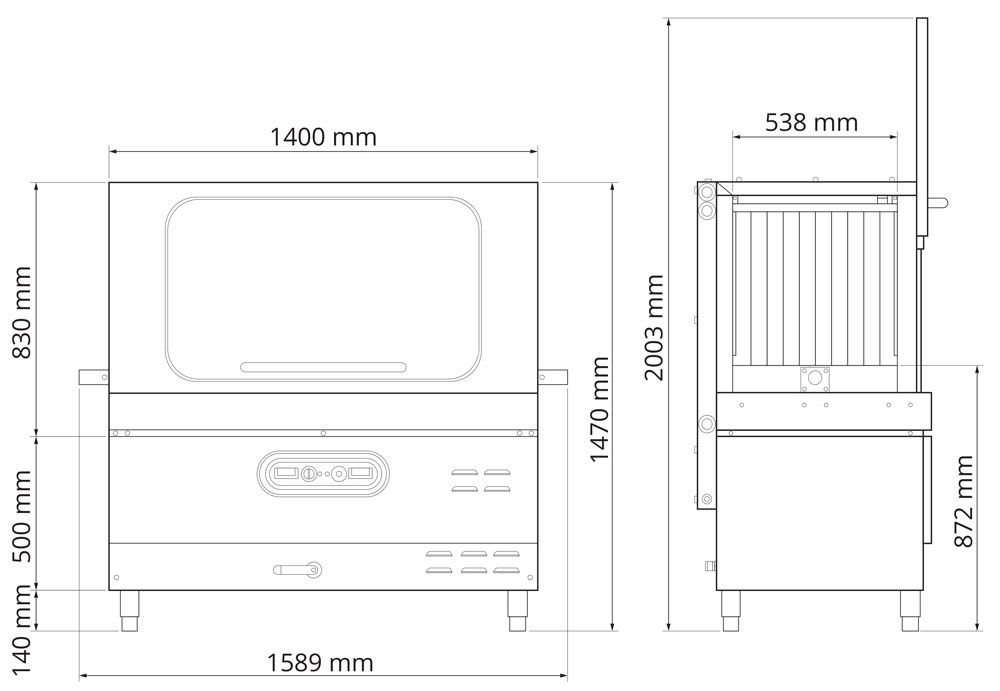 Technical diagram of a Mach MST140 commercial conveyor tunnel dishwasher with detailed dimensions in millimeters