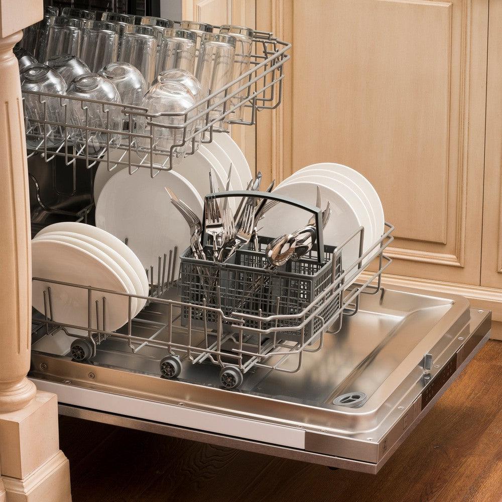 A modern dishwasher with a stainless steel interior loaded with dinnerware, glasses, and silverware