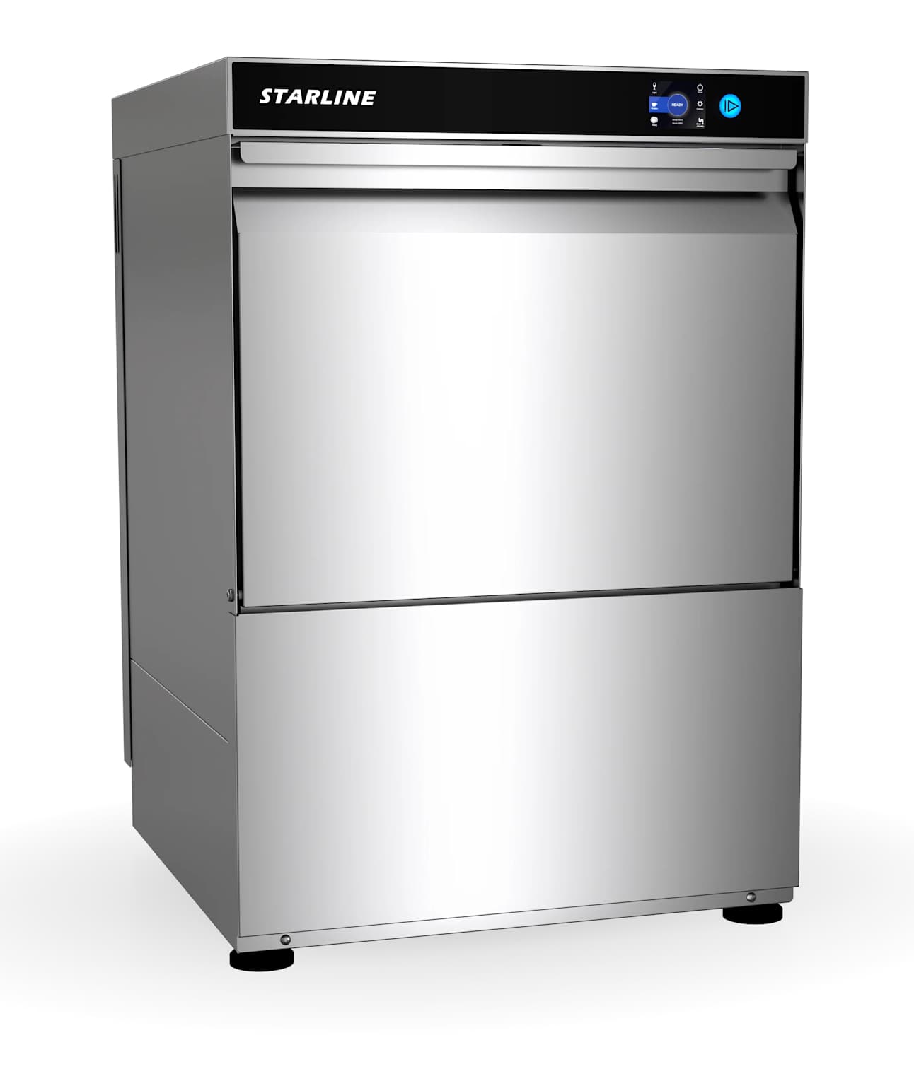 A modern Starline commercial dishwasher, featuring a stainless steel finish and digital controls