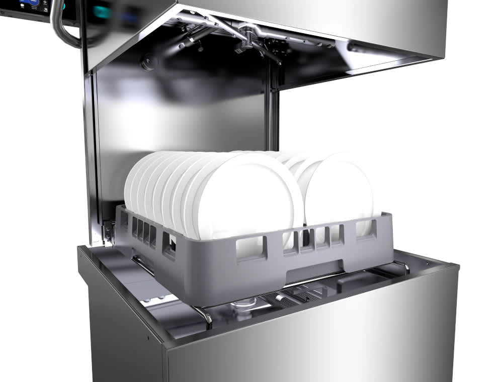 A Starline M2 hood-type commercial dishwasher with its hood raised, showcasing a rack loaded with plates ready for washing