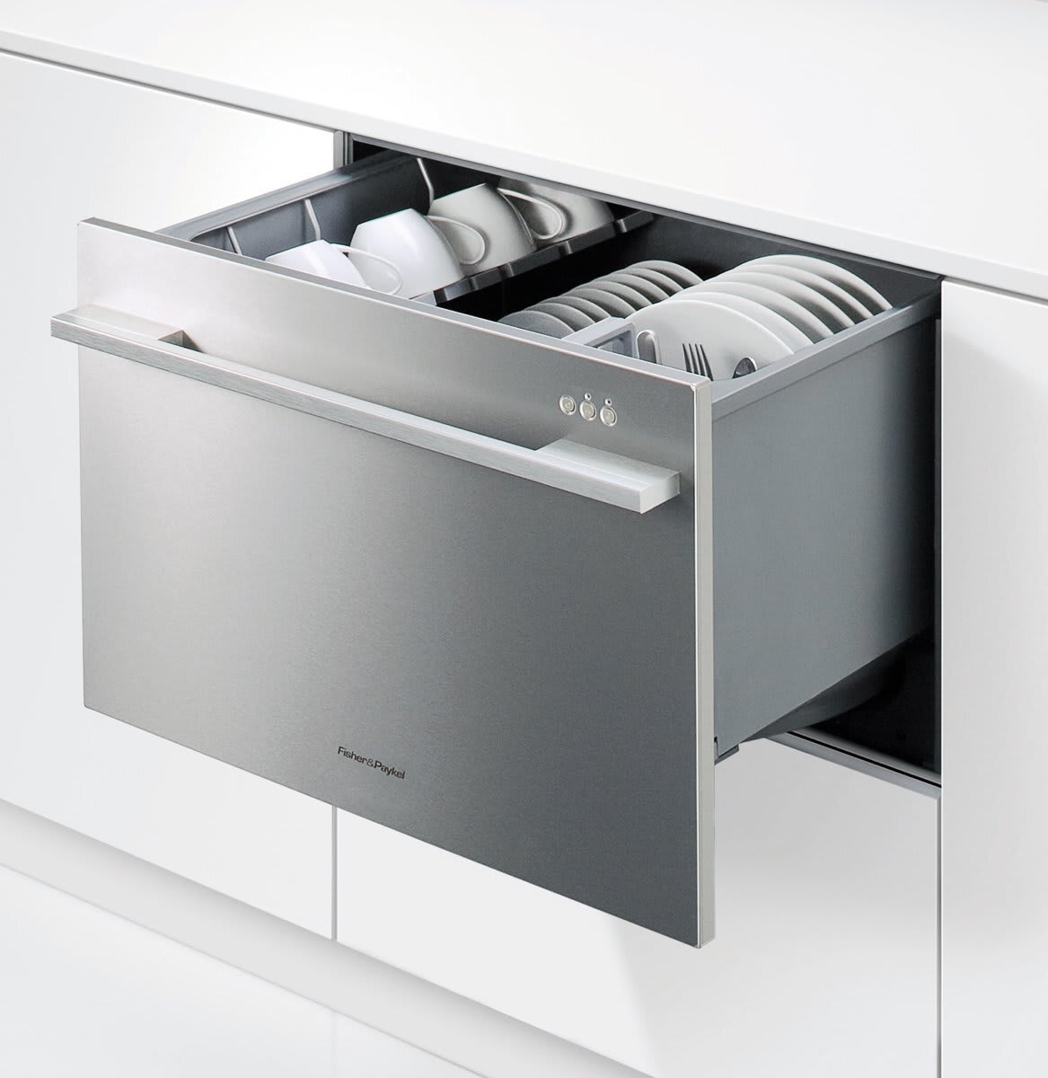 Fisher & Paykel DishDrawer dishwasher with a stainless steel finish, partially open to show plates and cups