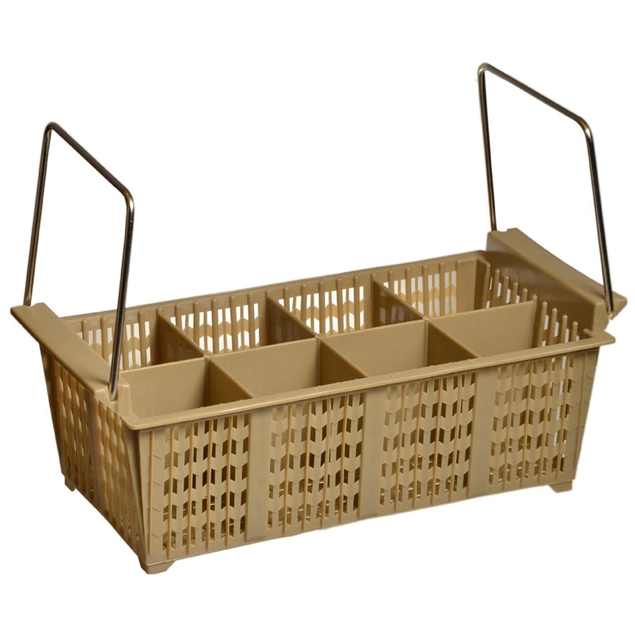A light beige plastic commercial dishwasher cutlery basket with multiple compartments and metal handles