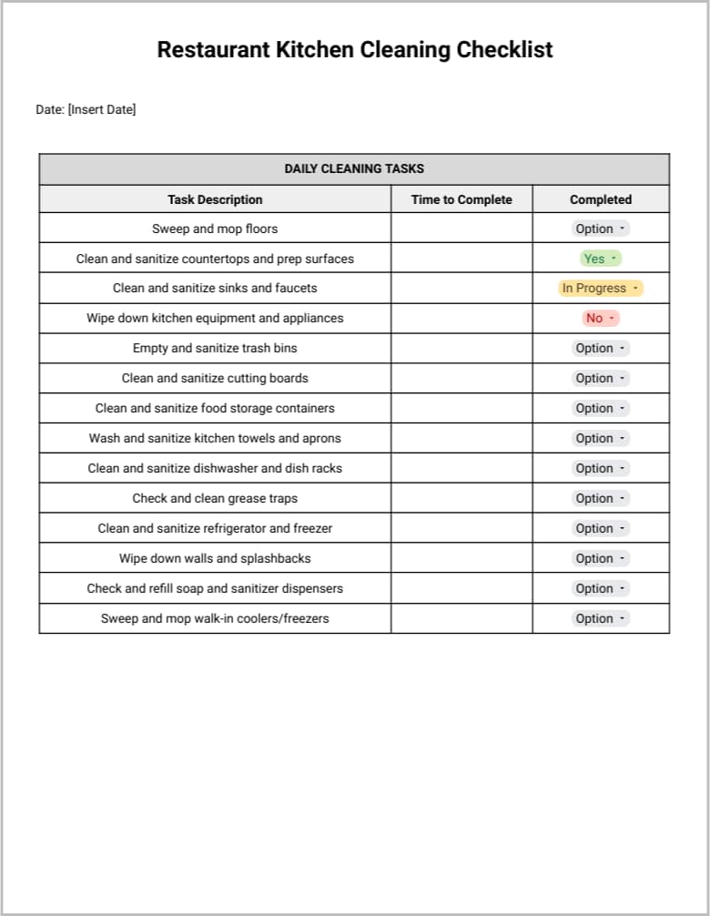 A daily cleaning checklist for a restaurant kitchen, including the task to clean and sanitize dishwashers and dish racks