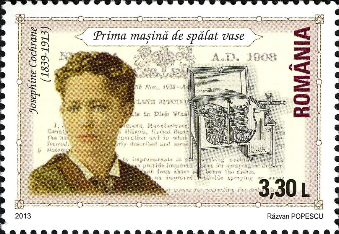 Romanian postage stamp commemorating Josephine Cochrane, the inventor of the first practical dishwasher, alongside an illustration of her 1908 design