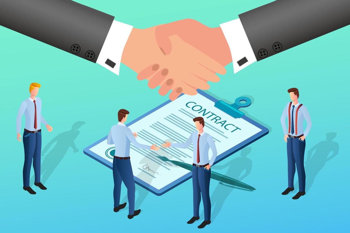 An isometric illustration depicting a business handshake over a contract, symbolizing direct collaboration and partnership agreements