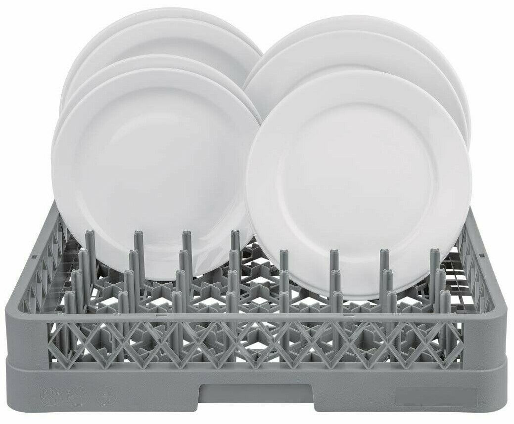 A commercial dishwasher plate rack filled with white plates, demonstrating an essential accessory for kitchen operations