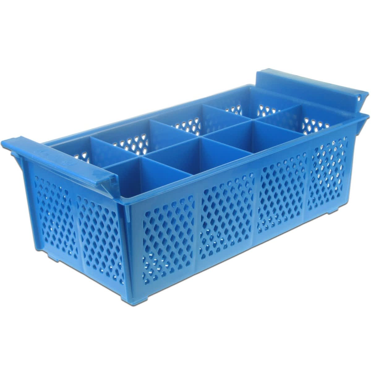 Blue plastic eight-compartment cutlery holder basket for commercial dishwashers
