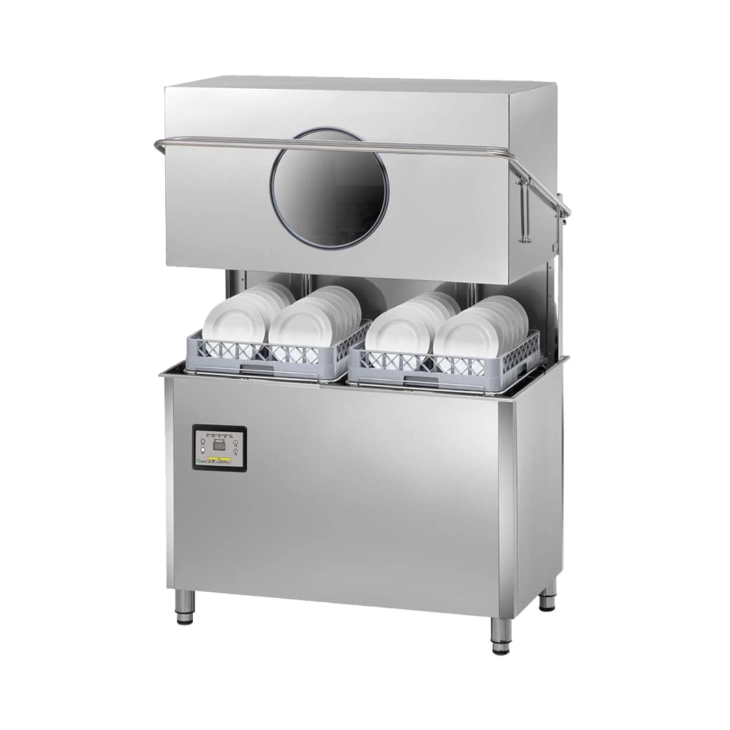 A stainless steel commercial dishwasher with loaded racks of plates, designed for industrial kitchen use