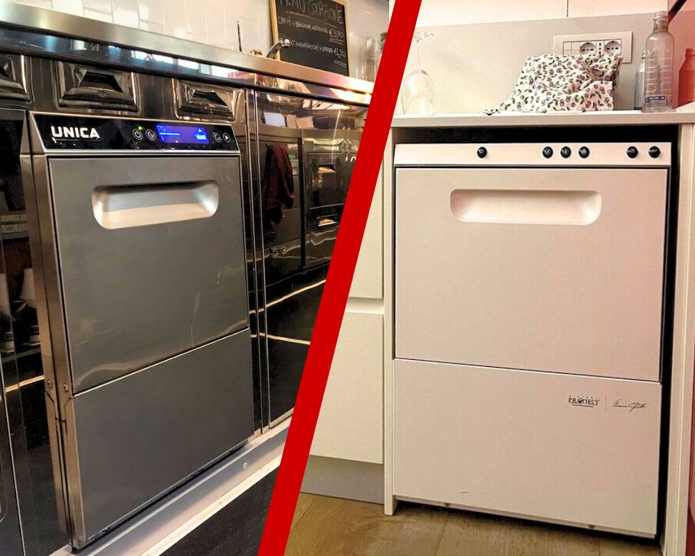 Side-by-side comparison of a commercial dishwasher and a domestic dishwasher in kitchen cabinetry highlighting design and control differences