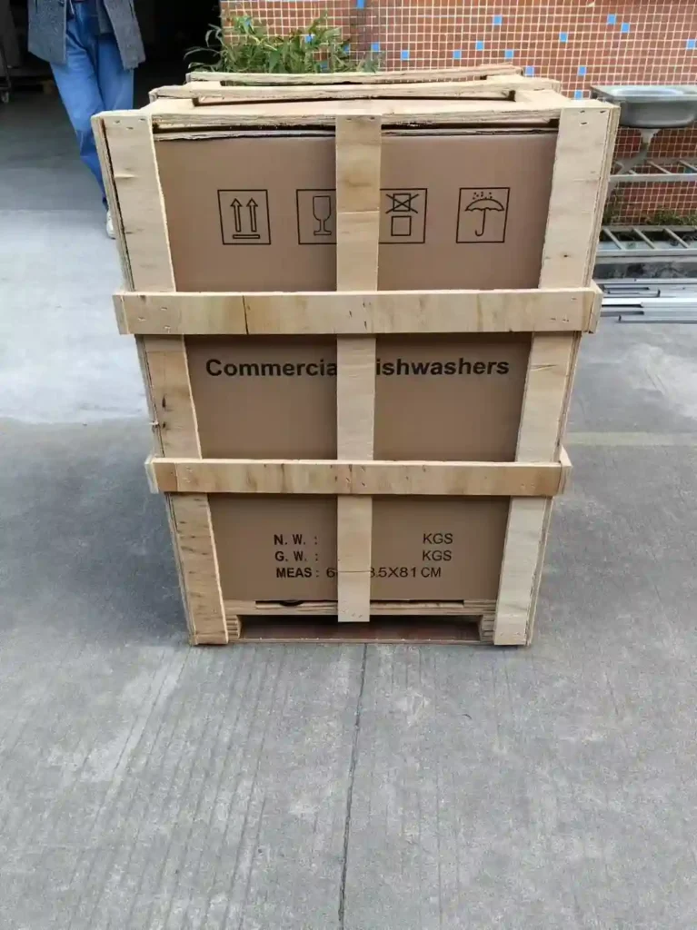 dishwasher packaging with wood board protection