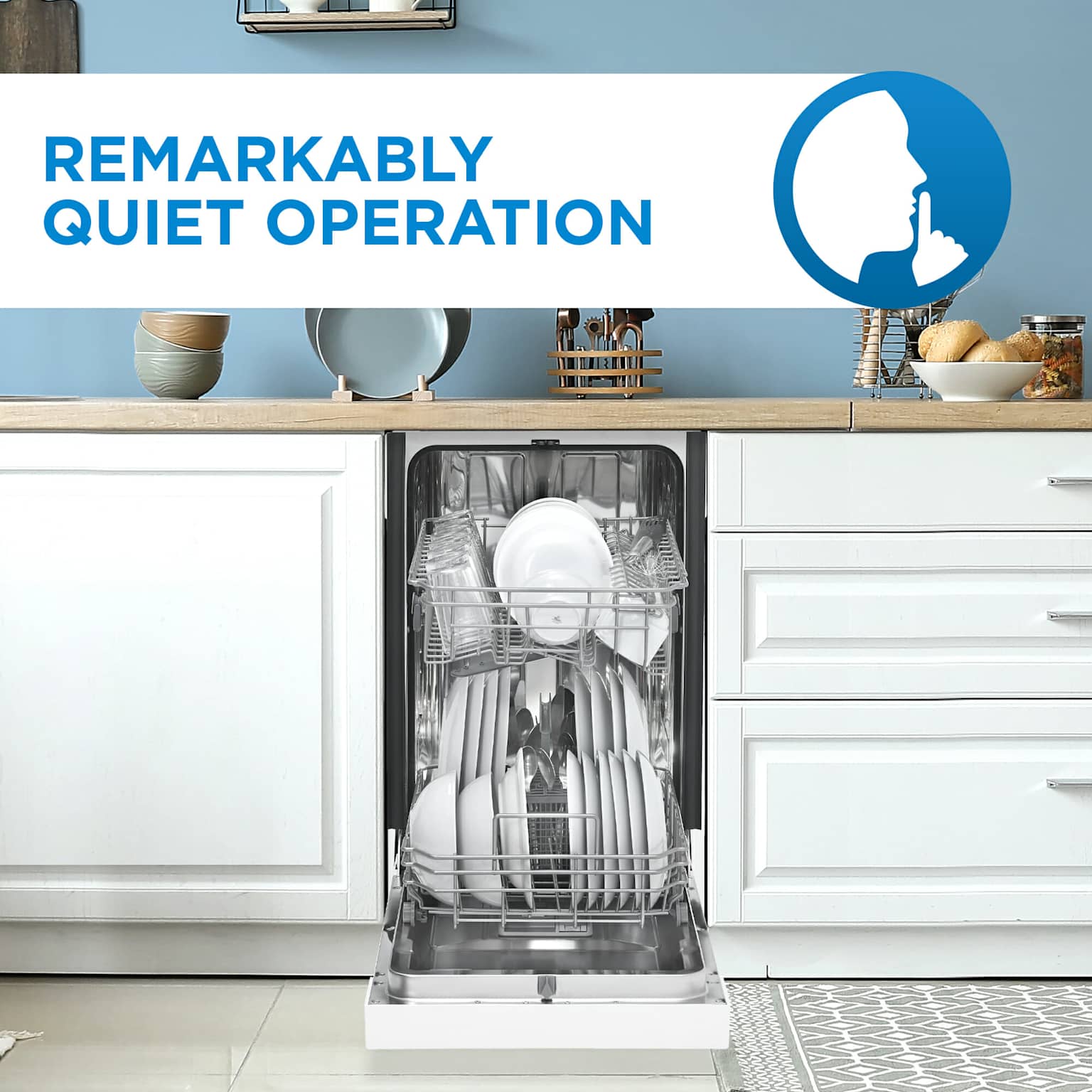 A built-in dishwasher highlighting its remarkably quiet operation with a prominent text overlay and silence icon