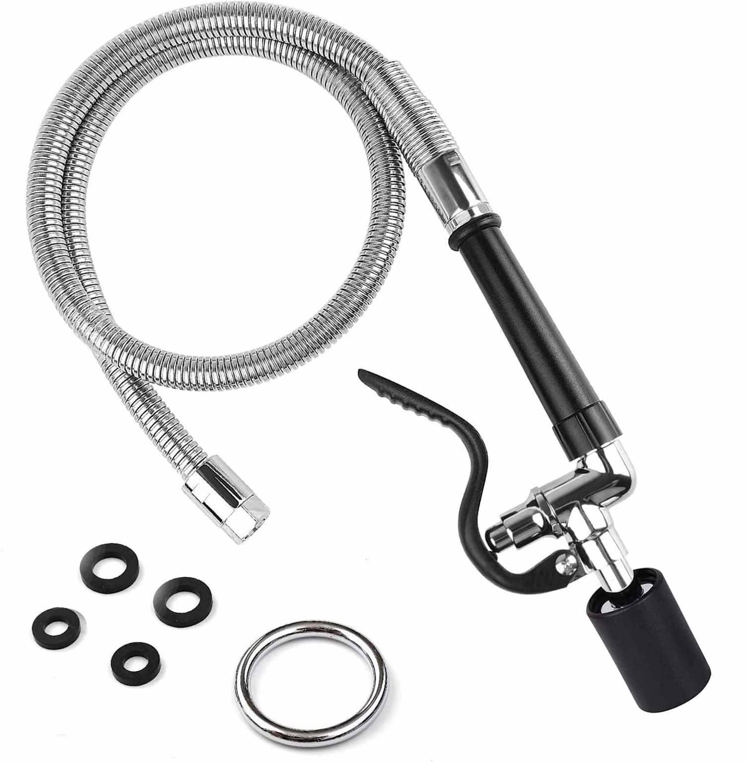 Commercial kitchen pre-rinse spray head and hose assembly