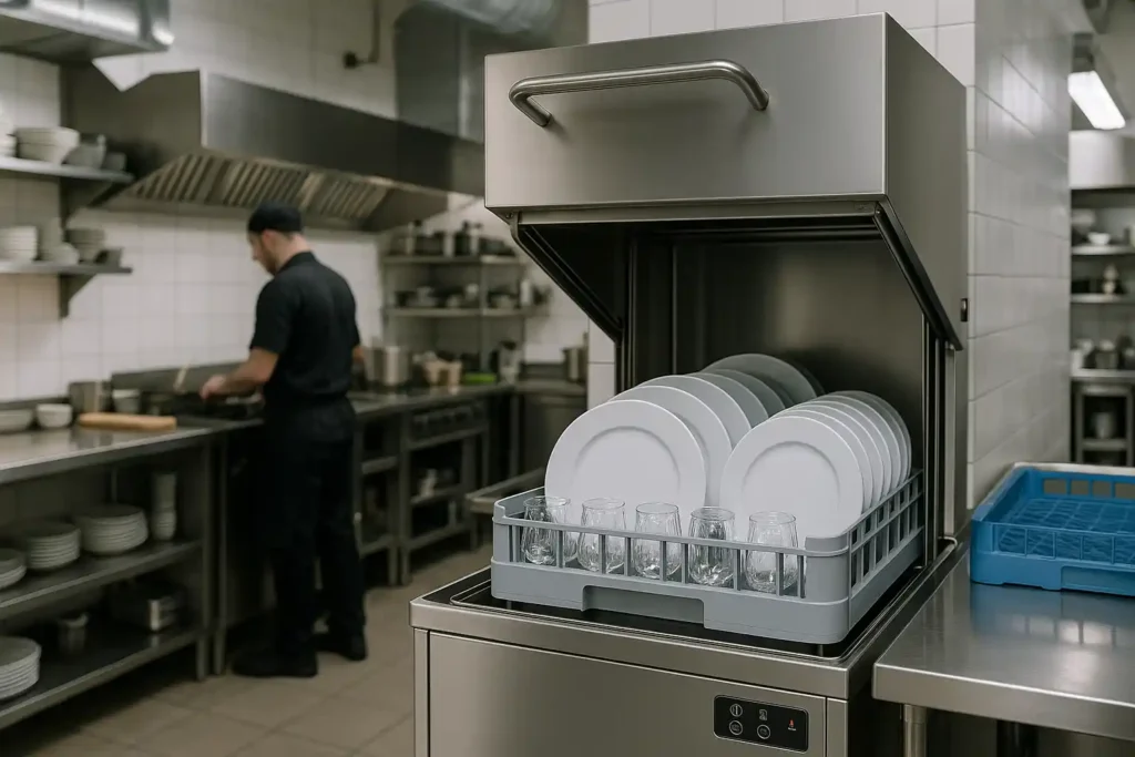 Modern commercial dishwasher in a busy Canadian restaurant kitchen