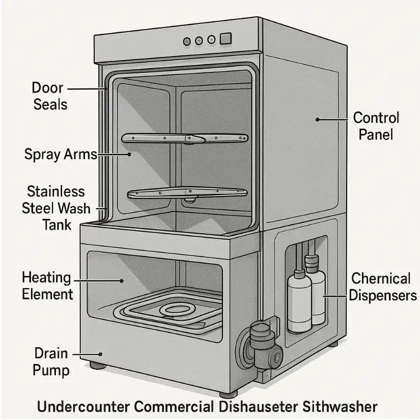 Technical cutaway diagram showing internal components of undercounter commercial dishwasher