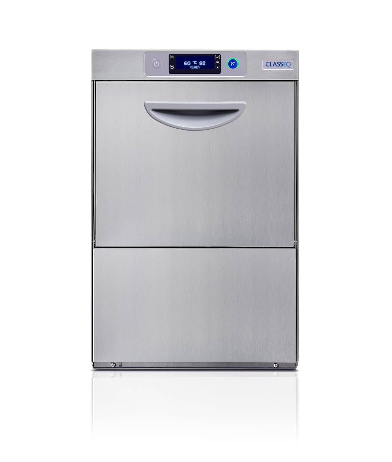 Front view of a stainless steel ClassEQ commercial undercounter dishwasher