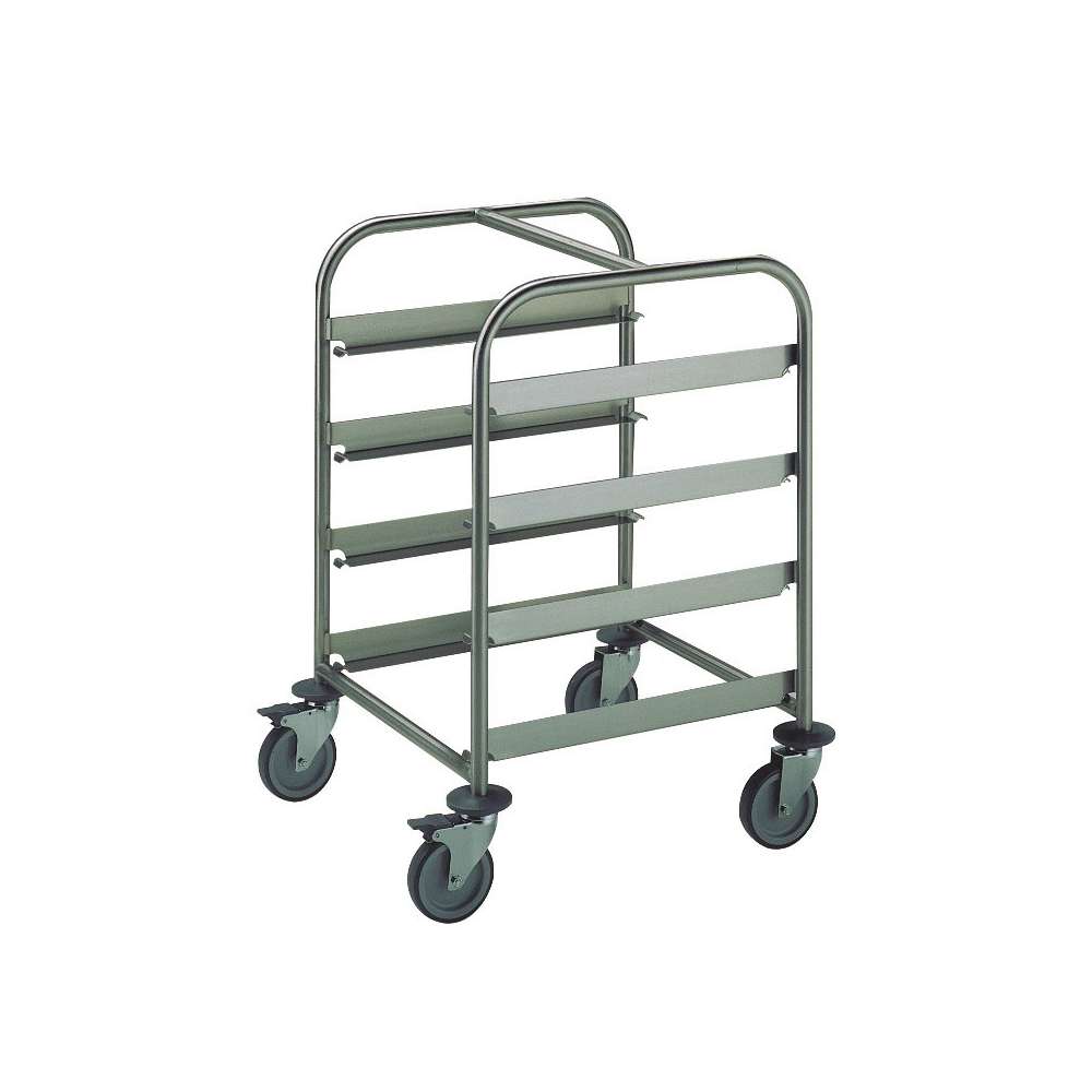 A stainless steel commercial dishwasher rack trolley with multiple shelves and casters