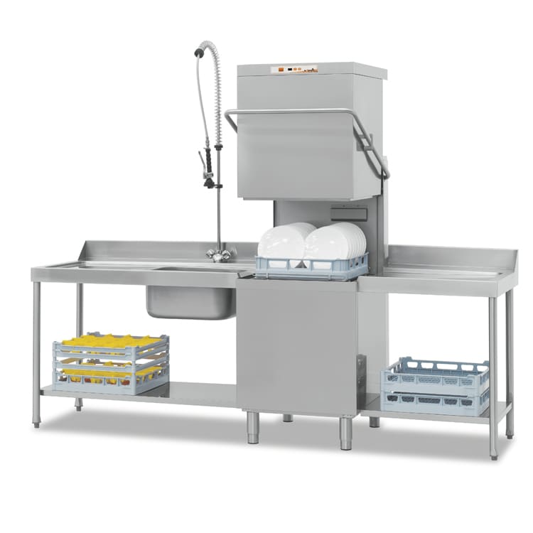 Commercial under-counter hood-type dishwasher with stainless steel sink and prep area for efficient dishwashing