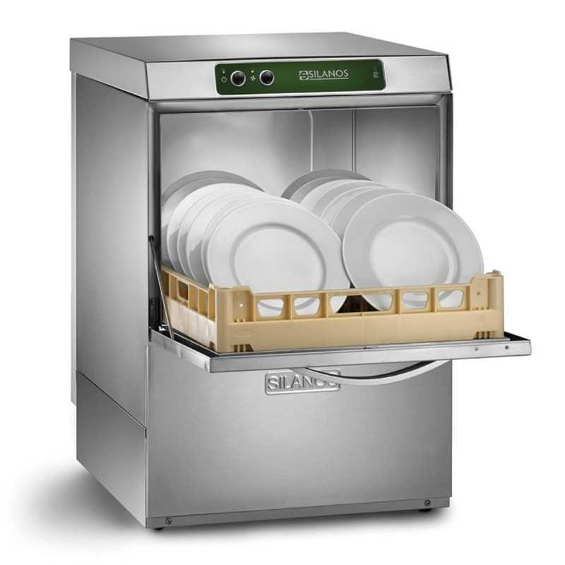 Professional stainless steel commercial dishwasher from the brand SILANOS with plates loaded in the washing rack