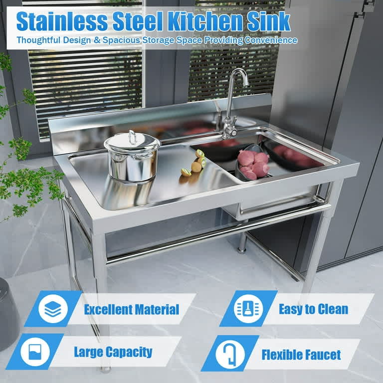 Stainless steel commercial kitchen sink with single compartment and drainboard highlighting material quality and ease of cleaning