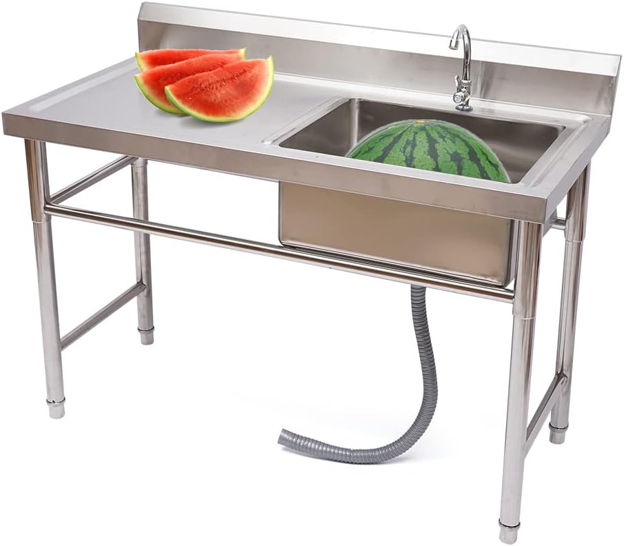 Commercial stainless steel single compartment kitchen sink with left-side drainboard and faucet, illustrating a common customization option for commercial kitchens