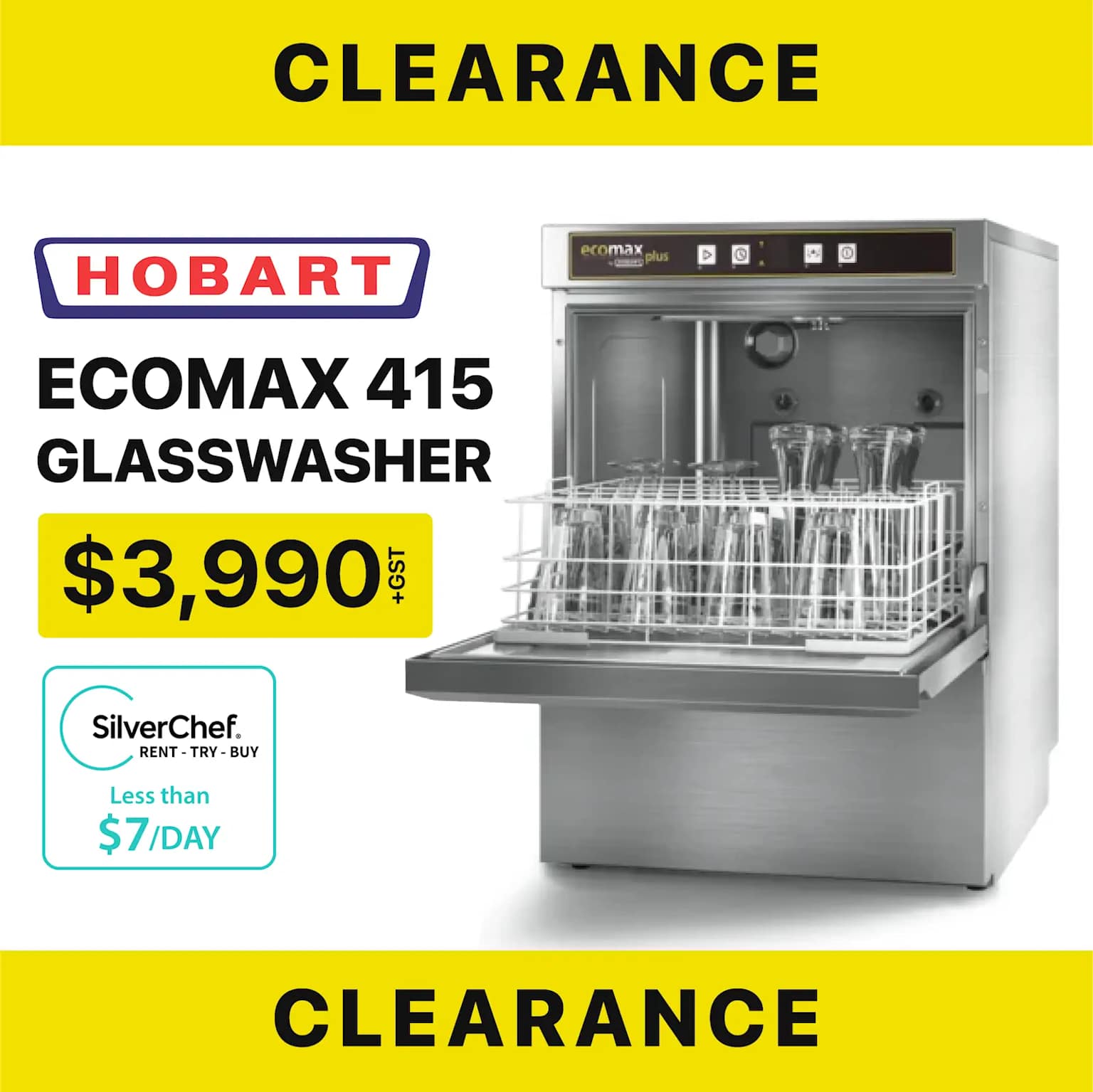 Promotional clearance ad for the Hobart Ecomax 415 commercial glasswasher with rental and purchase pricing options