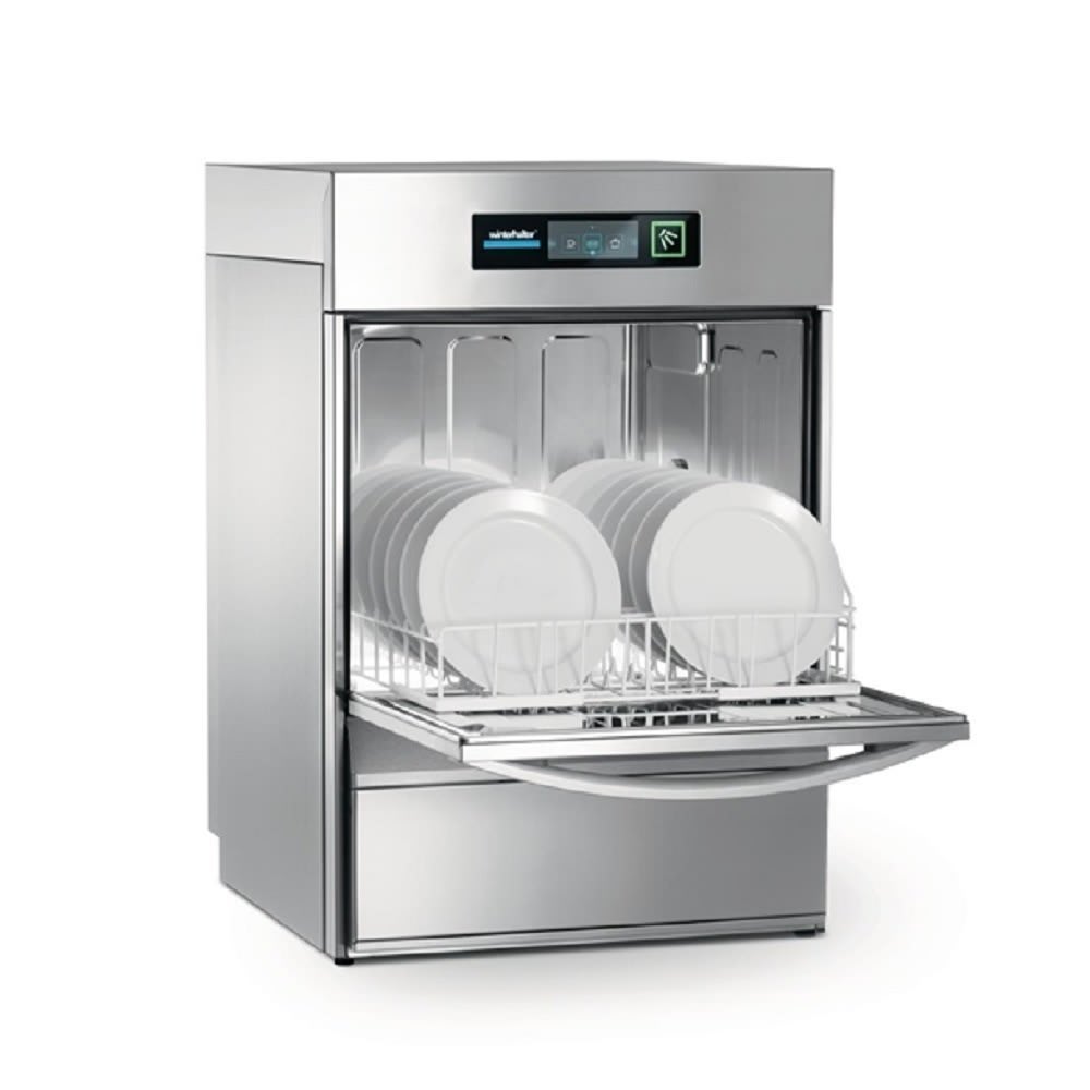 Winterhalter commercial dishwasher with racks filled with clean plates, illustrating a top brand in the Spanish market for professional kitchen equipment