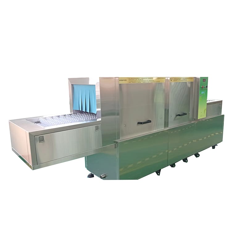 A stainless steel commercial conveyor dishwasher designed for high-volume kitchen operations