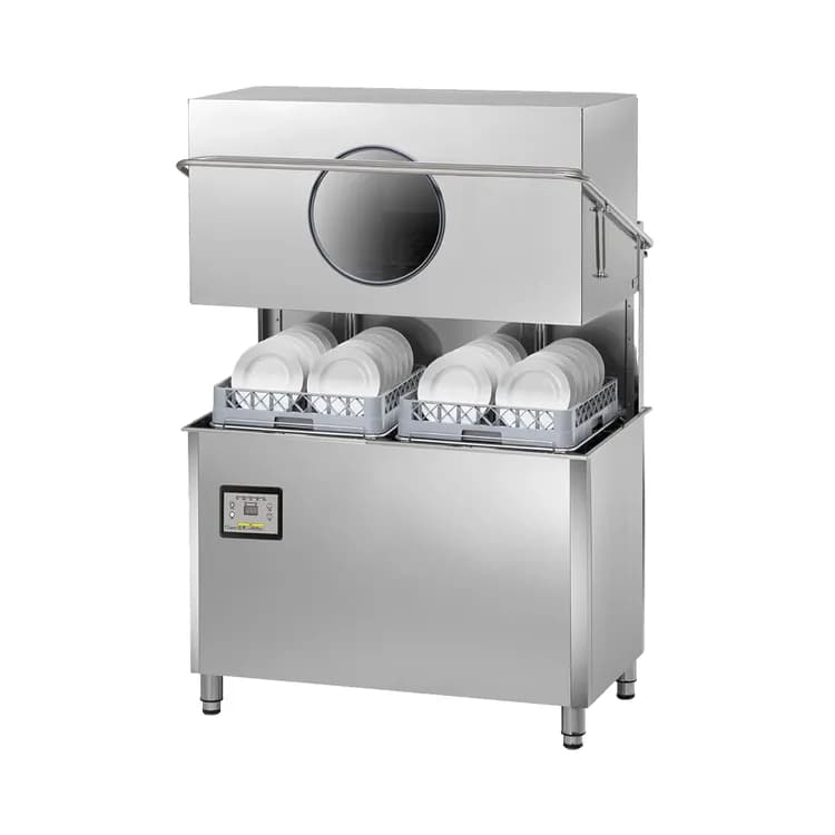 Commercial stainless steel dishwasher with dual racks loaded with plates, suited for high-volume professional kitchen use