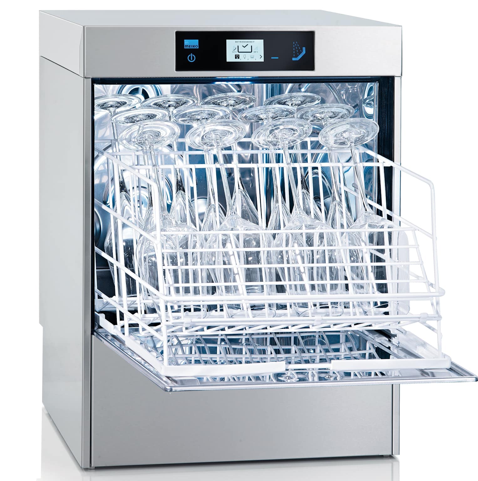 Small commercial dishwasher by MEIKO with racks full of wine glasses, showcasing equipment used in professional catering settings