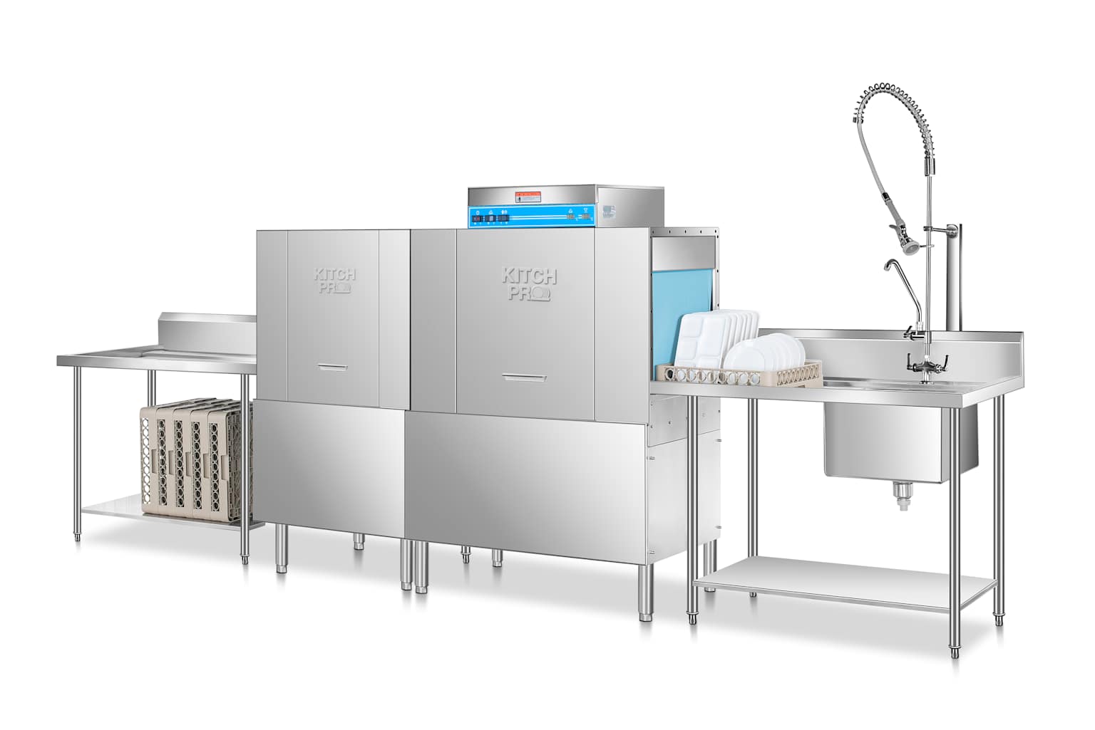 A KITCH PRO commercial conveyor dishwasher system designed for high-volume kitchen operations