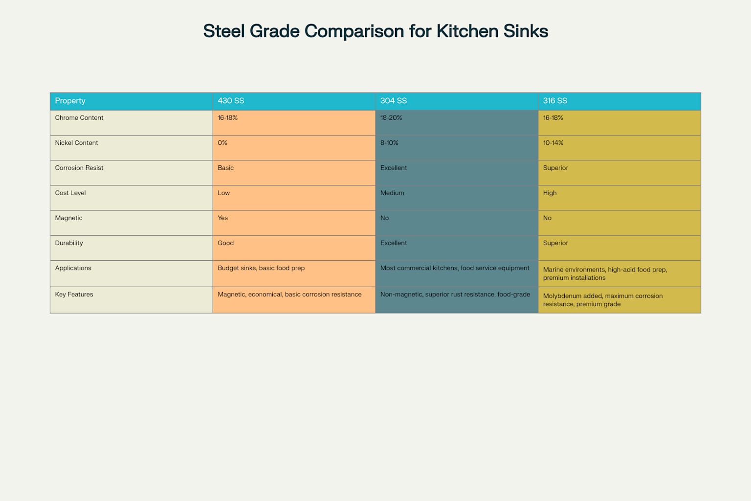 Stainless Steel Grades for Commercial Kitchen Sinks: Comparison of 430, 304, and 316 grades showing composition, properties, and applications