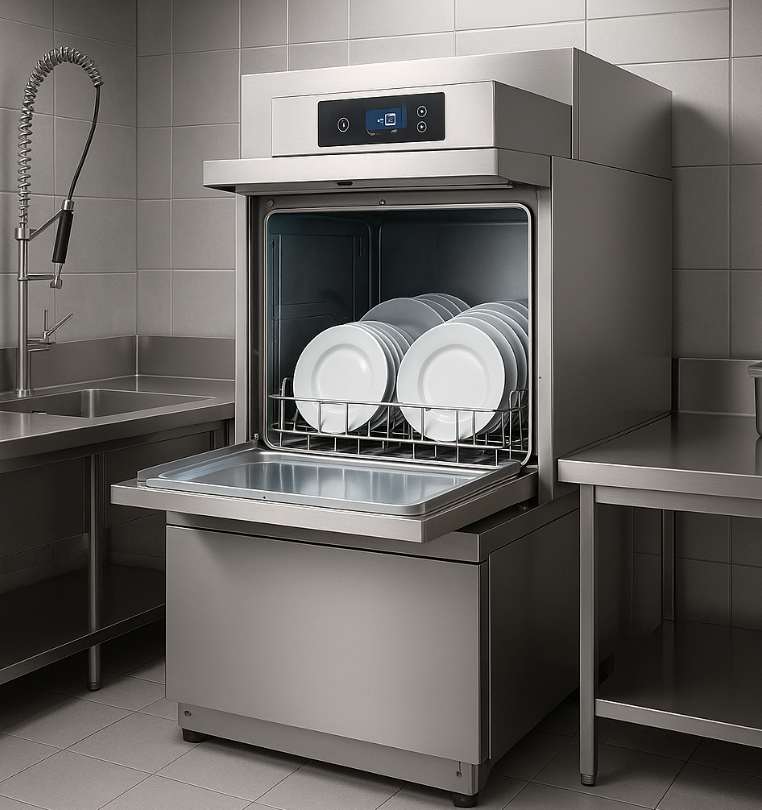 Lavavajillas comercial moderno en cocina profesional de acero inoxidable