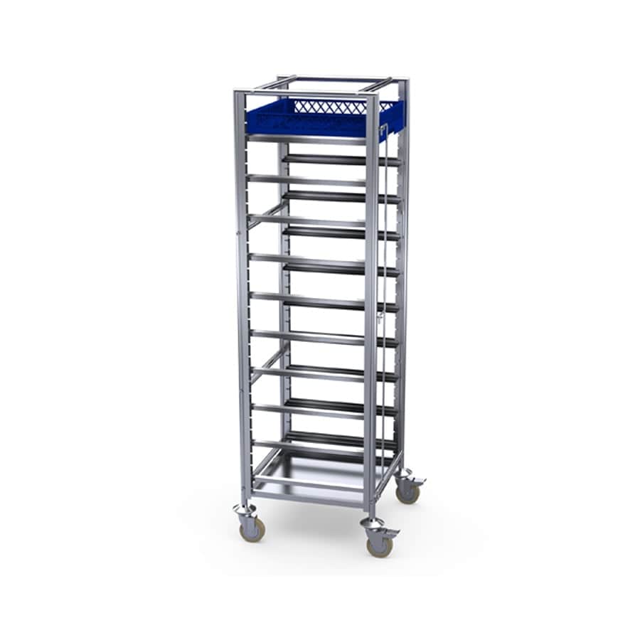 A stainless steel commercial dishwasher basket trolley with a blue plastic basket on top, designed for efficient transport of dish racks