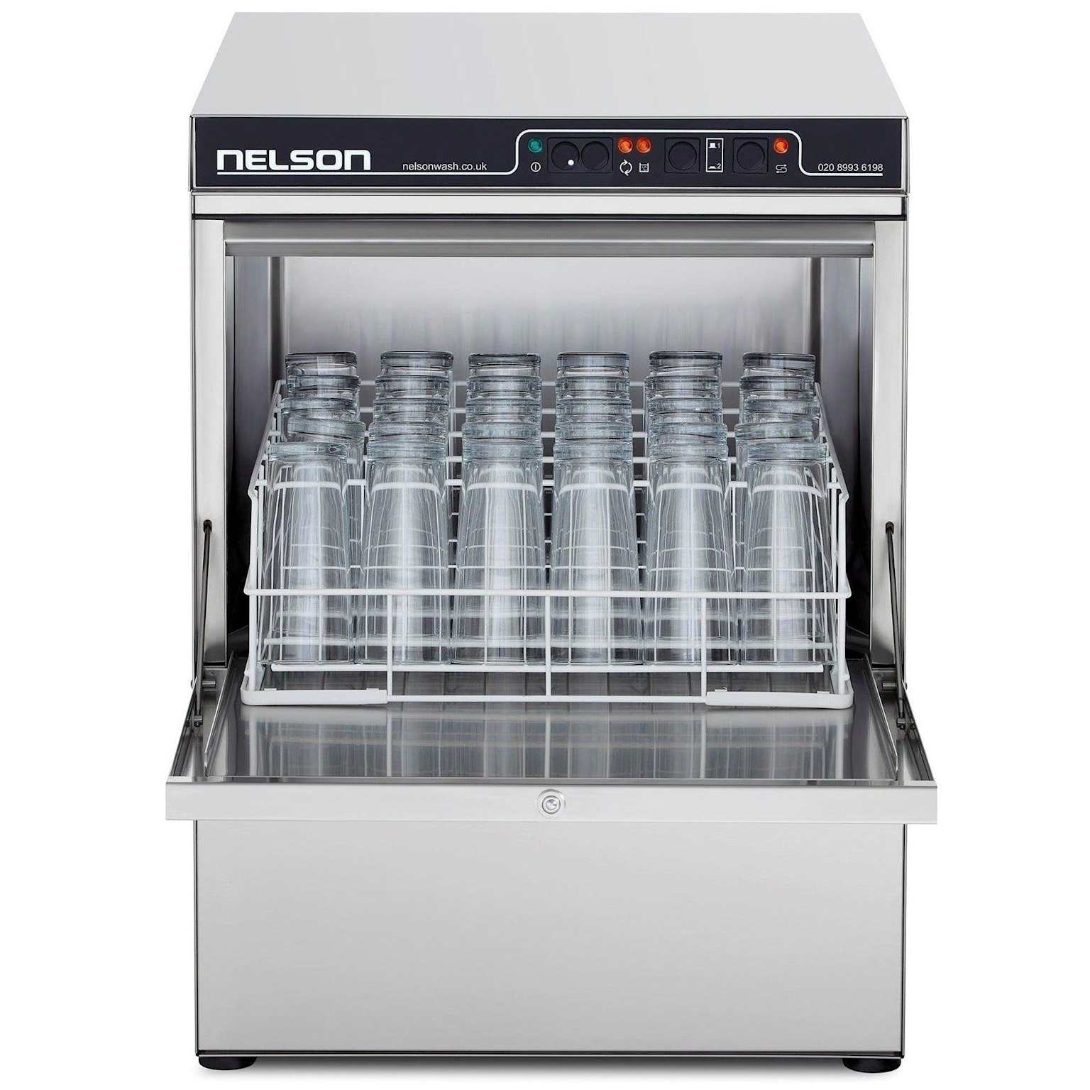 A Nelson commercial glasswasher with its door open, showcasing a rack loaded with clean drinking glasses
