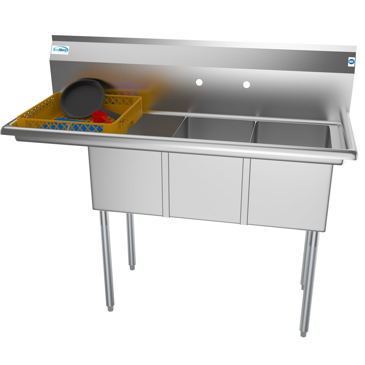 Three-compartment stainless steel commercial kitchen sink with utensil rack illustrating user customization options