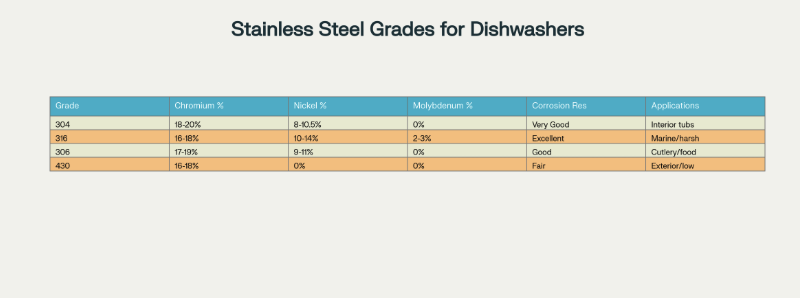 Comparison of Stainless Steel Grades Used in Dishwasher Manufacturing