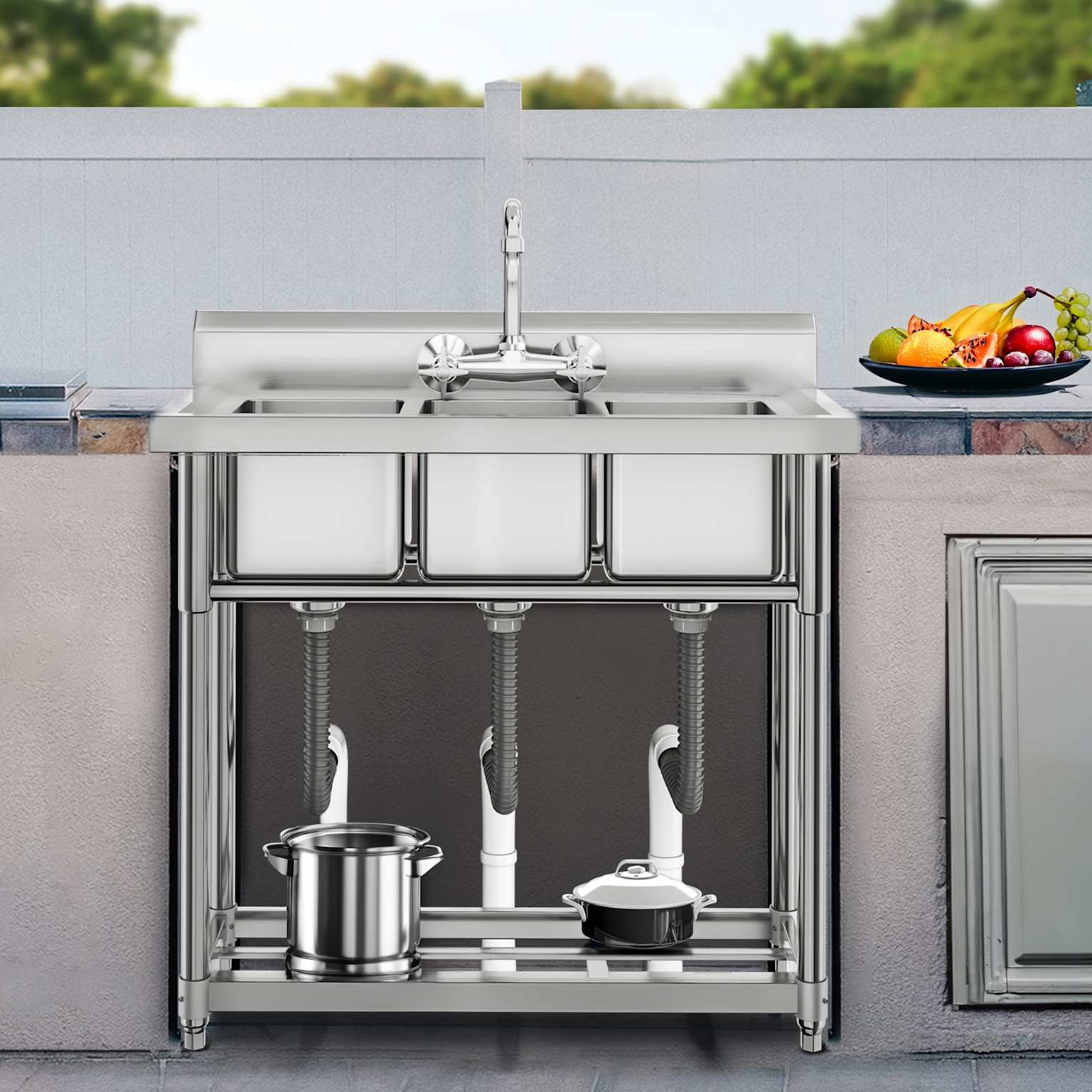 Stainless steel three-compartment commercial kitchen sink with wall-mounted faucet and sturdy frame, ideal for efficient washing, rinsing, and sanitizing in professional kitchens