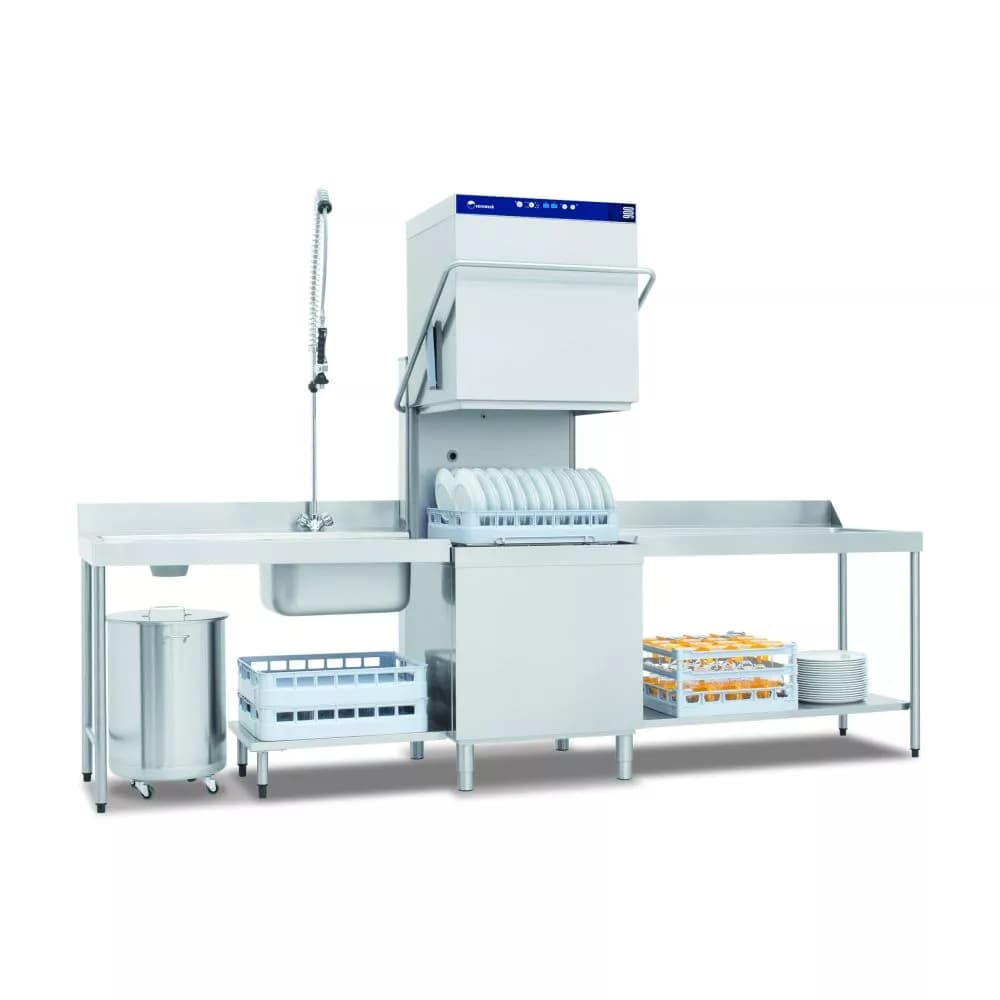 A complete commercial dishwashing workstation featuring a stainless steel hood-type pass-through dishwasher with pre-rinse sink and adjacent drying areas