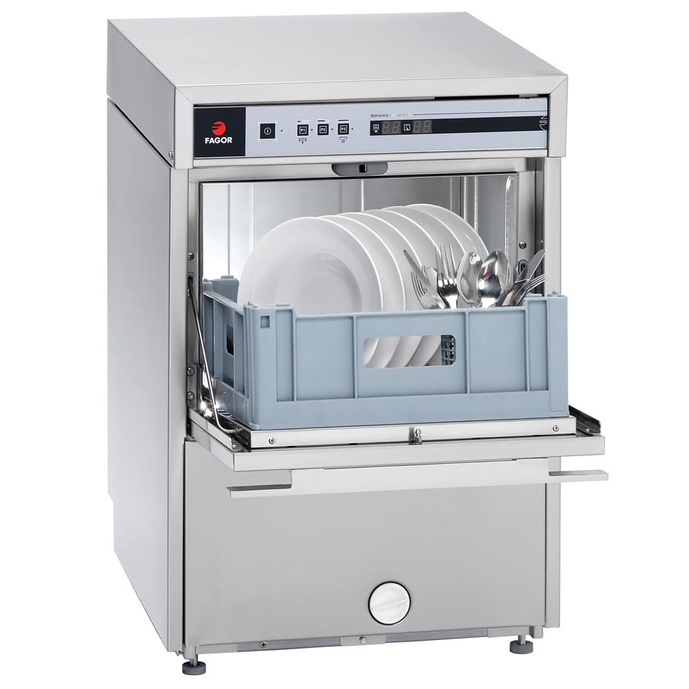 Fagor Professional AD-48W undercounter commercial dishwasher with plates and cutlery rack open